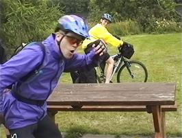 Julian, who felt the group left the picnic table in rather a mess, does his Chimp impression at Loch Oich Car Park